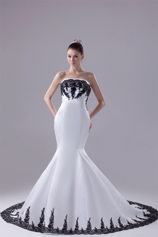 Mermaid/Trumpet Satin Lace Black White Wedding Dresses with A Lace Jacket 2030275 Mermaid/Trumpet Satin Lace Black White Wedding Dresses with A Lace Jacket 2030275