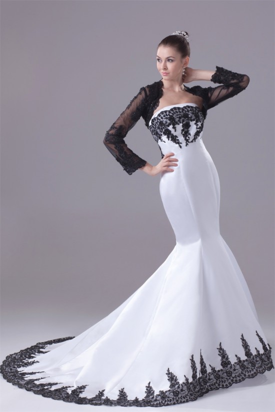 Mermaid/Trumpet Satin Lace Black White Wedding Dresses with A Lace Jacket 2030275 Mermaid/Trumpet Satin Lace Black White Wedding Dresses with A Lace Jacket 2030275