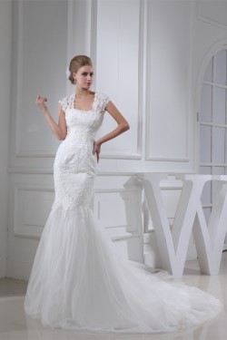 Trumpet/Mermaid Satin Beaded Lace Fine Netting Wedding Dresses 2030276