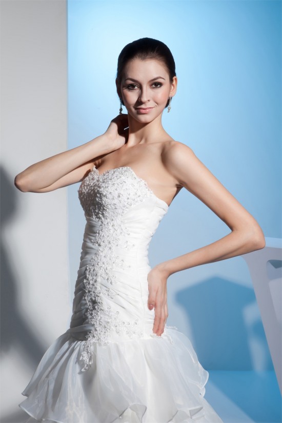 A-Line Sweetheart Beaded Satin Lace Organza Wedding Dresses 2030283