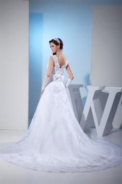 A-Line Beaded Satin Lace Organza Chapel Train Chapel Train Wedding Dresses 2030284