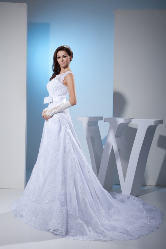 A-Line Beaded Satin Lace Organza Chapel Train Chapel Train Wedding Dresses 2030284