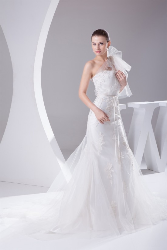 Mermaid/Trumpet Satin Netting Lace One-Shoulder Wedding Dresses 2030286