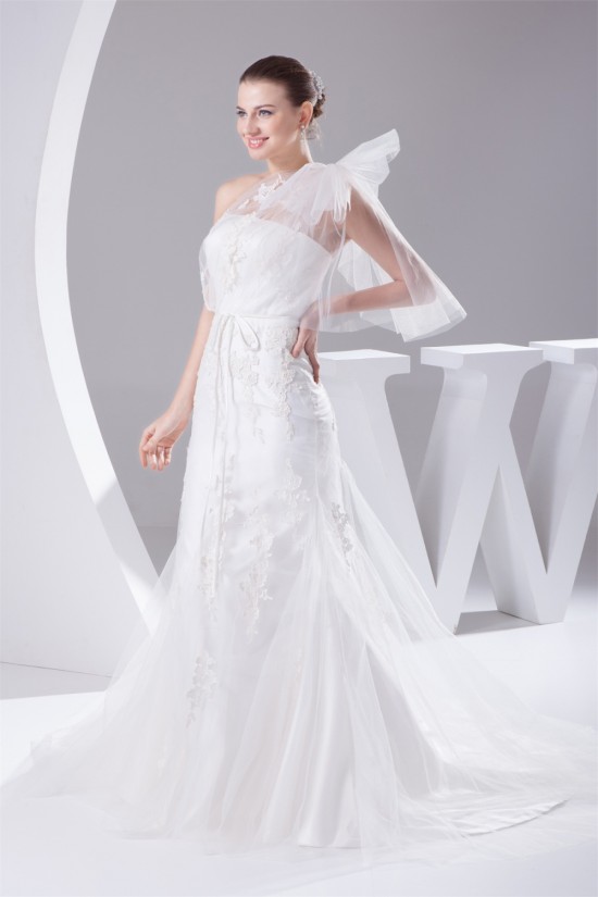 Mermaid/Trumpet Satin Netting Lace One-Shoulder Wedding Dresses 2030286