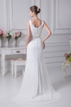 Satin Organza Silk like Satin A-Line Sleeveless Lace Wedding Dresses 2030293