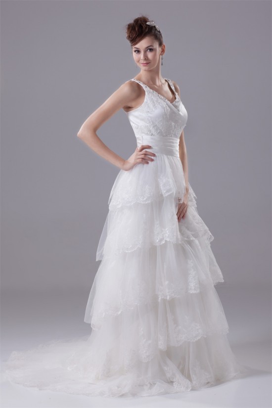 A-Line Sleeveless Scoop Satin Lace Wedding Dresses 2030314 A-Line Sleeveless Scoop Satin Lace Wedding Dresses 2030314