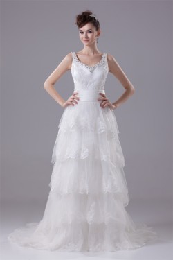 A-Line Sleeveless Scoop Satin Lace Wedding Dresses 2030314