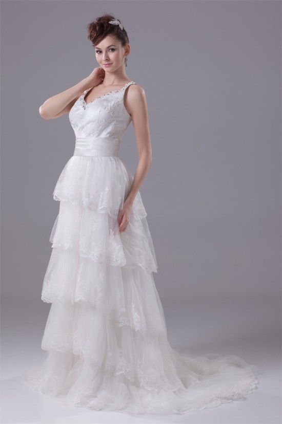 A-Line Sleeveless Scoop Satin Lace Wedding Dresses 2030314 A-Line Sleeveless Scoop Satin Lace Wedding Dresses 2030314
