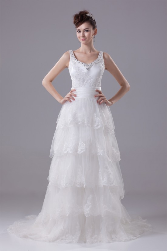 A-Line Sleeveless Scoop Satin Lace Wedding Dresses 2030314 A-Line Sleeveless Scoop Satin Lace Wedding Dresses 2030314