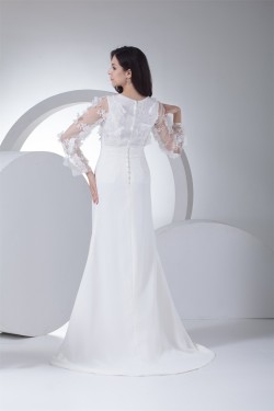 Sheath/Column Chiffon Satin Lace Long Sleeve Front Split Wedding Dresses 2030318