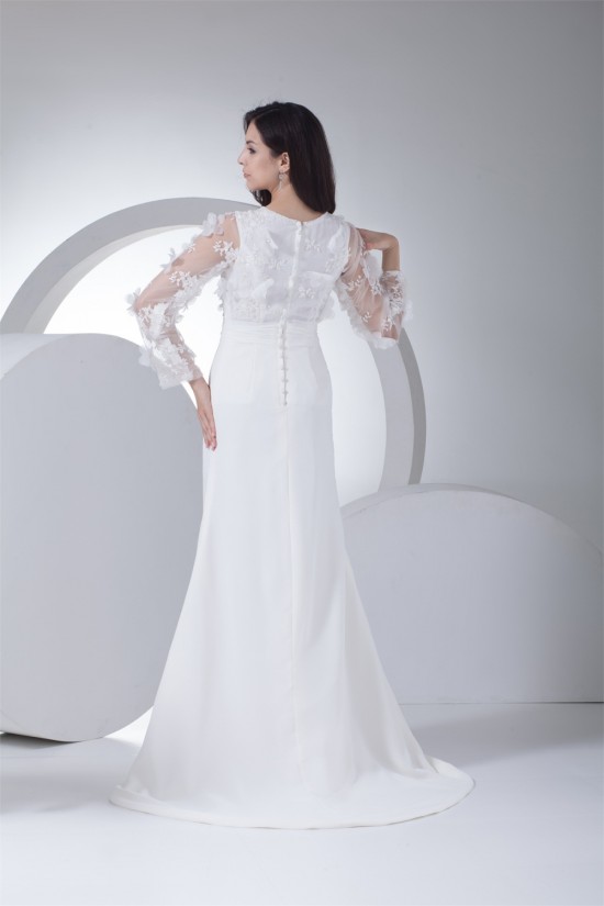 Sheath/Column Chiffon Satin Lace Long Sleeve Front Split Wedding Dresses 2030318 Sheath/Column Chiffon Satin Lace Long Sleeve Front Split Wedding Dresses 2030318
