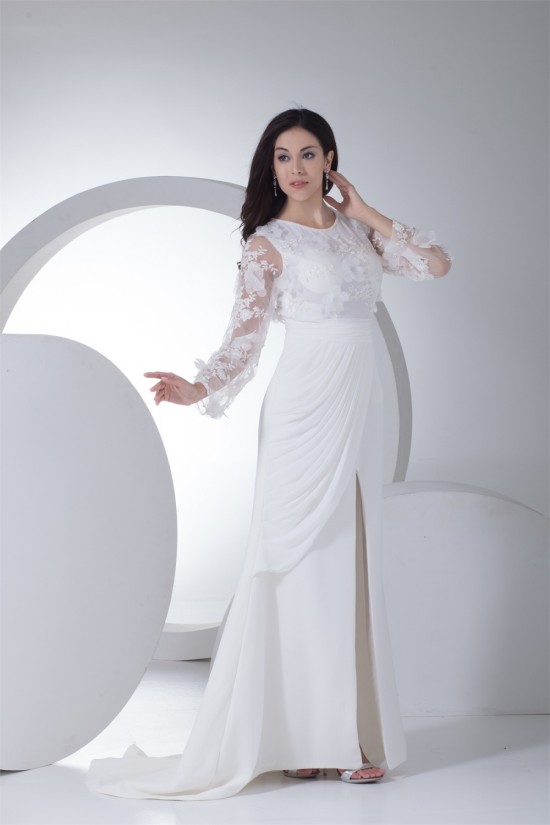 Sheath/Column Chiffon Satin Lace Long Sleeve Front Split Wedding Dresses 2030318 Sheath/Column Chiffon Satin Lace Long Sleeve Front Split Wedding Dresses 2030318