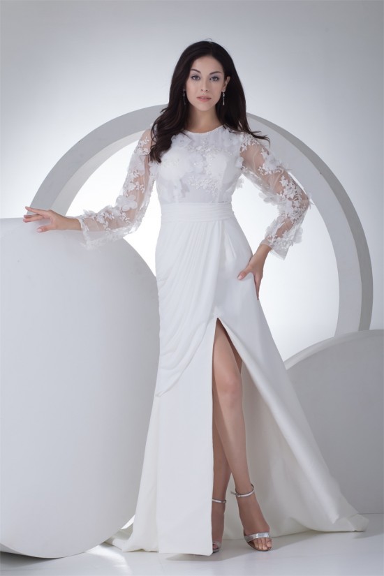 Sheath/Column Chiffon Satin Lace Long Sleeve Front Split Wedding Dresses 2030318 Sheath/Column Chiffon Satin Lace Long Sleeve Front Split Wedding Dresses 2030318