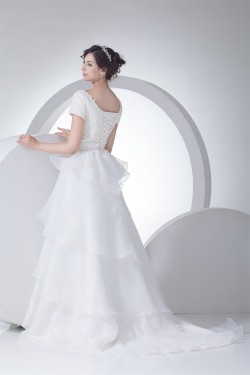 A-Line Satin Organza Straps Short Sleeve Lace Wedding Dresses 2030324
