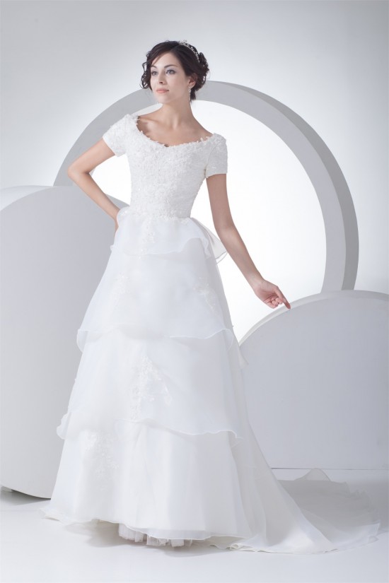 A-Line Satin Organza Straps Short Sleeve Lace Wedding Dresses 2030324