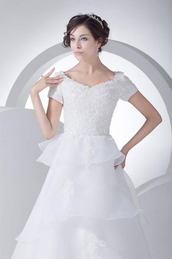 A-Line Satin Organza Straps Short Sleeve Lace Wedding Dresses 2030324