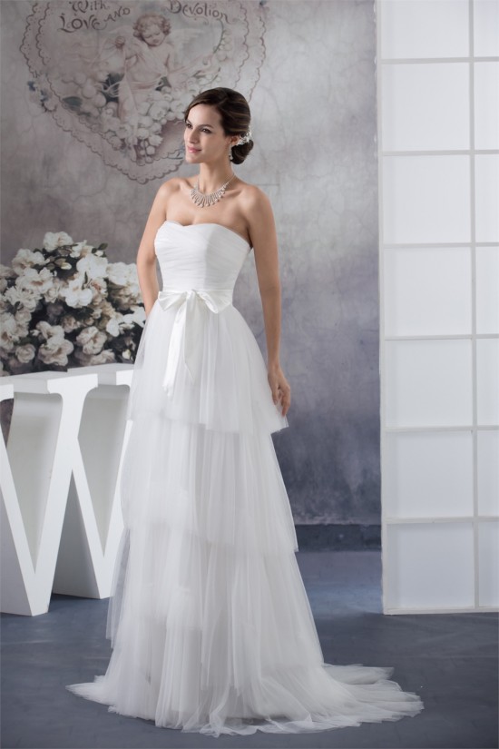 A-Line Sleeveless Satin Fine Netting Reception Wedding Dresses 2030330