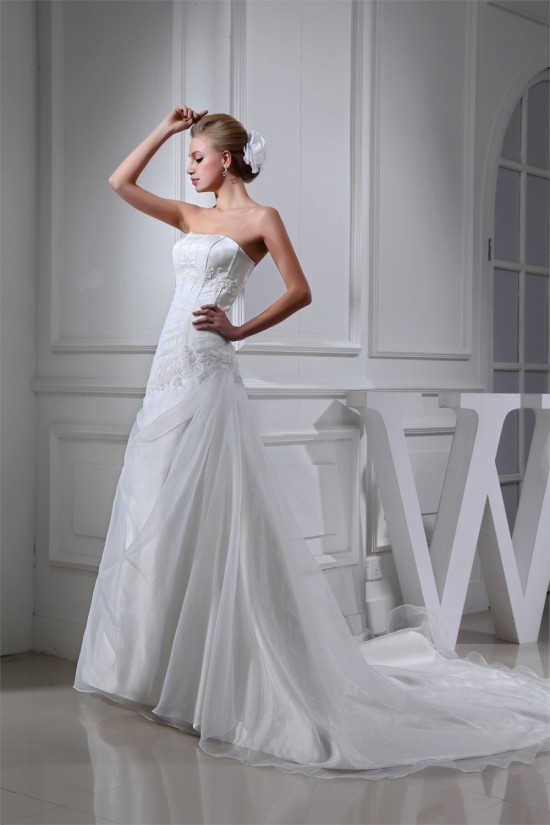 A-Line Strapless Satin Lace Organza Sweet Wedding Dresses 2030331