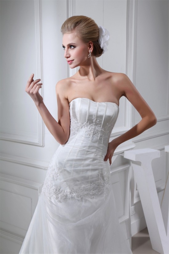 A-Line Strapless Satin Lace Organza Sweet Wedding Dresses 2030331