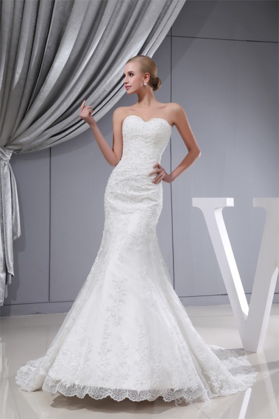 Trumpet/Mermaid Sweetheart Satin Lace Wedding Dresses 2030332