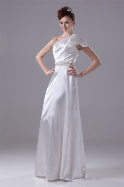 A-Line One-Shoulder Silk like Satin Sleeveless Beaded Wedding Dresses 2030341