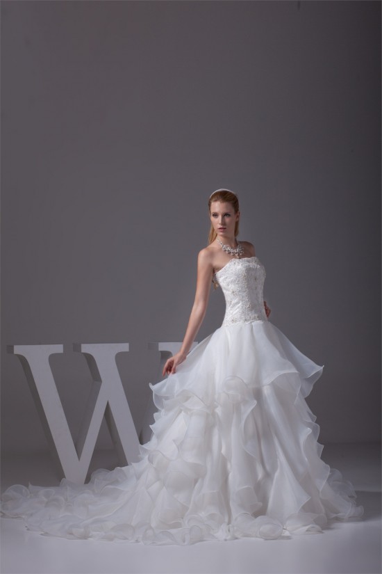 A-Line Satin Organza Lace Sleeveless Strapless Chapel Train Wedding Dresses 2030350