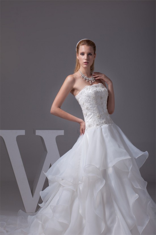 A-Line Satin Organza Lace Sleeveless Strapless Chapel Train Wedding Dresses 2030350