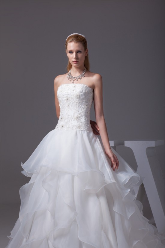 A-Line Satin Organza Lace Sleeveless Strapless Chapel Train Wedding Dresses 2030350