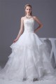 A-Line Satin Organza Lace Sleeveless Strapless Chapel Train Wedding Dresses 2030350