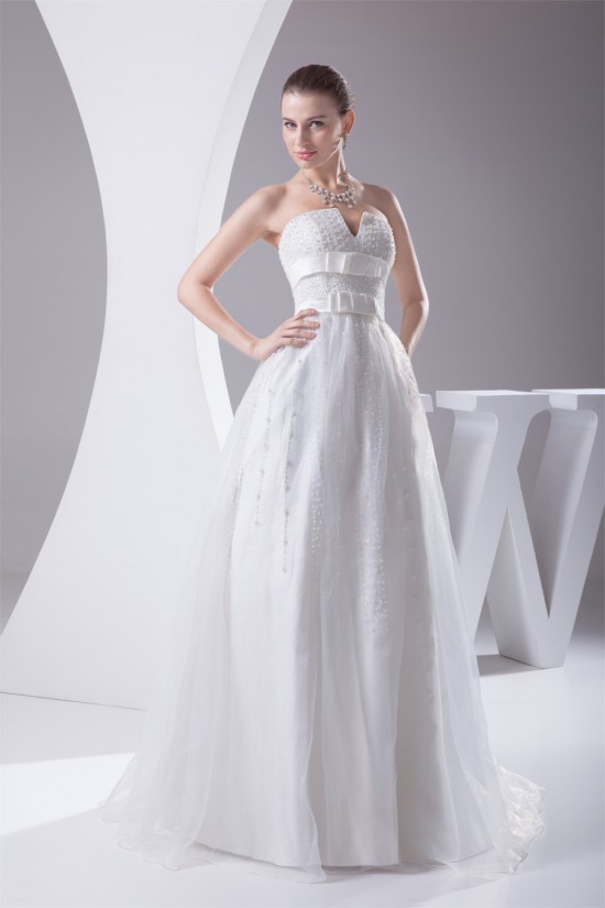 Sleeveless A-Line Satin Organza Strapless Sweet Wedding Dresses 2030351