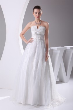 Sleeveless A-Line Satin Organza Strapless Sweet Wedding Dresses 2030351