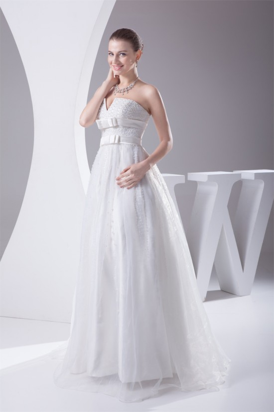 Sleeveless A-Line Satin Organza Strapless Sweet Wedding Dresses 2030351