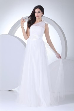 A-Line One-Shoulder Satin Silk like Satin Fine Netting Wedding Dresses 2030352