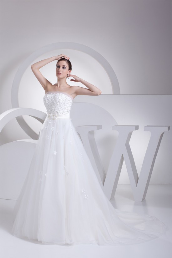 Sleeveless A-Line Strapless Satin Organza Fine Netting Sweet Wedding Dresses 2030354