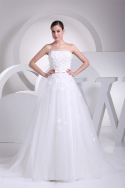 Sleeveless A-Line Strapless Satin Organza Fine Netting Sweet Wedding Dresses 2030354
