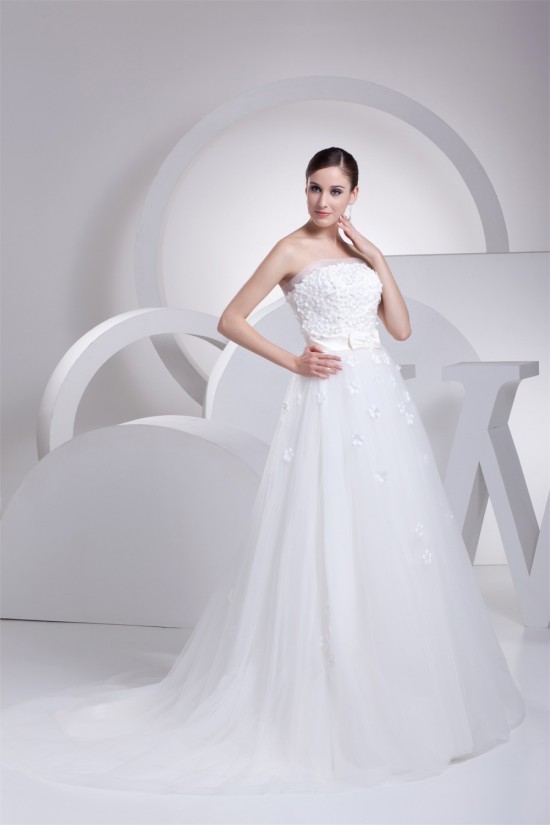 Sleeveless A-Line Strapless Satin Organza Fine Netting Sweet Wedding Dresses 2030354