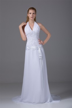 Sleeveless Chiffon Silk like Satin Halter Reception Wedding Dresses 2030362