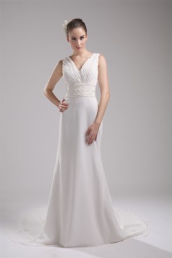 Trumpet/Mermaid Sleeveless Chiffon Beaded Reception Wedding Dresses 2030365