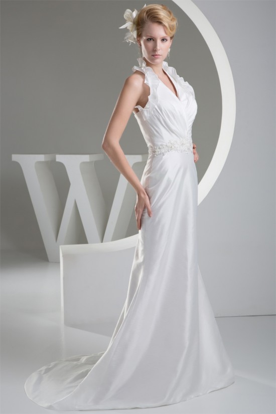 Sleeveless Halter Lace Taffeta Sheath/Column Sweet Wedding Dresses 2030367