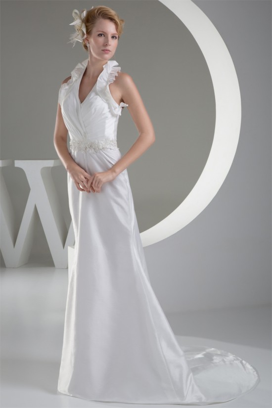 Sleeveless Halter Lace Taffeta Sheath/Column Sweet Wedding Dresses 2030367