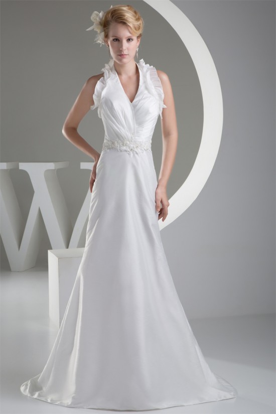 Sleeveless Halter Lace Taffeta Sheath/Column Sweet Wedding Dresses 2030367