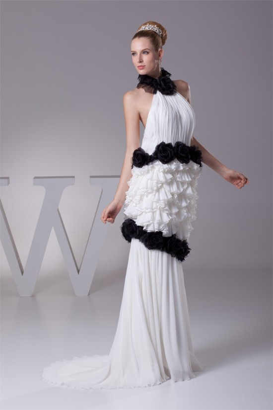 Sleeveless Halter Sheath/Column Chiffon Taffeta Silk like Satin New Arrival Wedding Dresses 2030369