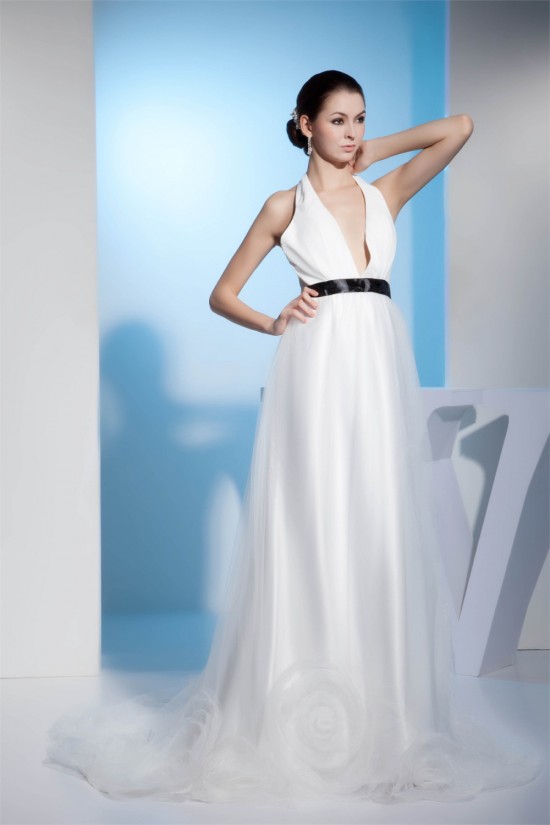 Sleeveless Halter Silk like Satin Fine Netting Best Wedding Dresses 2030370