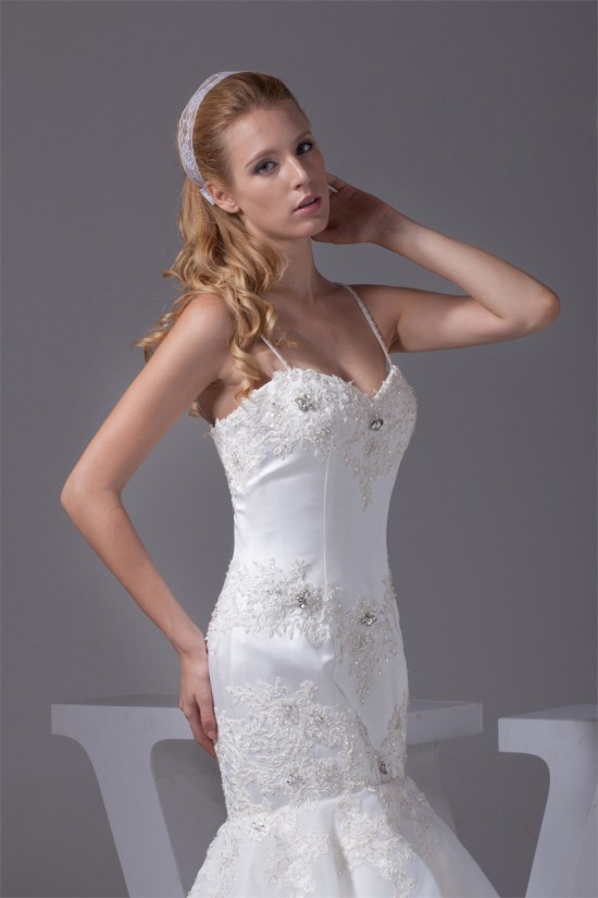 Mermaid/Trumpet Spaghetti Strap Satin Lace Sweetheart Reception Wedding Dresses 2030375