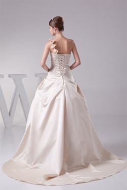 Ball Gown Sleeveless One-Shoulder Satin Lace Fine Netting Reception Wedding Dresses 2030378