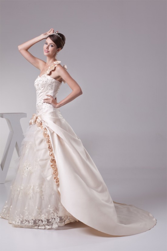Ball Gown Sleeveless One-Shoulder Satin Lace Fine Netting Reception Wedding Dresses 2030378 Ball Gown Sleeveless One-Shoulder Satin Lace Fine Netting Reception Wedding Dresses 2030378