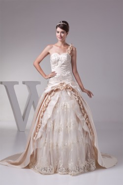 Ball Gown Sleeveless One-Shoulder Satin Lace Fine Netting Reception Wedding Dresses 2030378