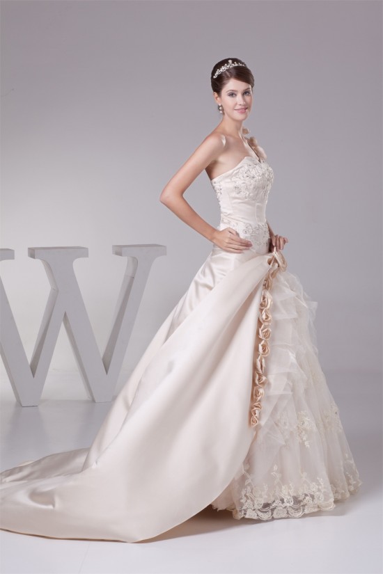 Ball Gown Sleeveless One-Shoulder Satin Lace Fine Netting Reception Wedding Dresses 2030378 Ball Gown Sleeveless One-Shoulder Satin Lace Fine Netting Reception Wedding Dresses 2030378