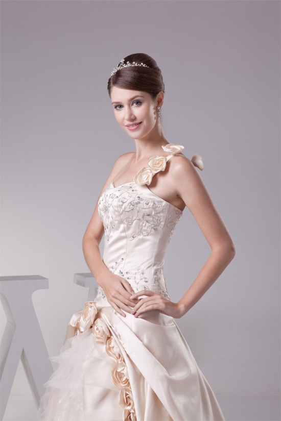 Ball Gown Sleeveless One-Shoulder Satin Lace Fine Netting Reception Wedding Dresses 2030378 Ball Gown Sleeveless One-Shoulder Satin Lace Fine Netting Reception Wedding Dresses 2030378
