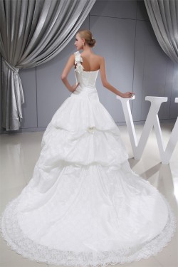 Ball Gown One-Shoulder Sleeveless Satin Lace Fine Netting Wedding Dresses 2030387